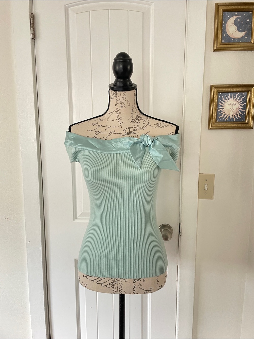 Vintage Bebe Silk Off-Shoulder Ribbed Knit Top with Bow Mint Y2K Coquette Size L
